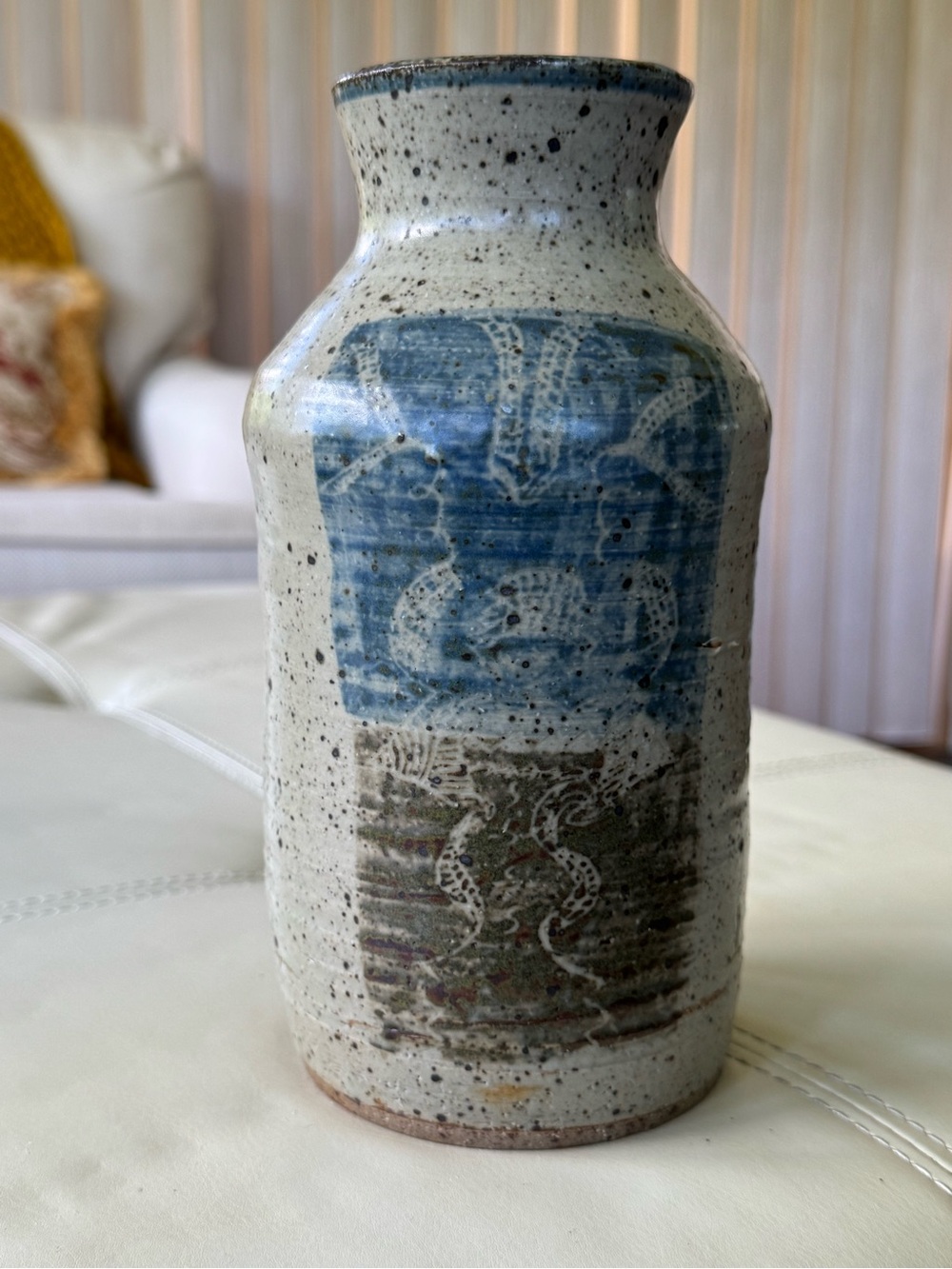 Sibisi Sgraffito Handcrafted Speckled Ceramic Vase in Blue and Cream